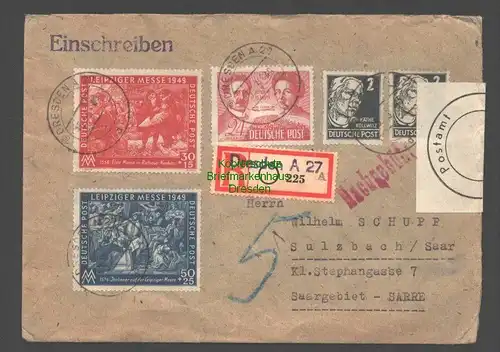 B7829 Brief SBZ Dresden 1949 nach Sulzbach Saar Zensur Zoll amtlich geöffnet Sa