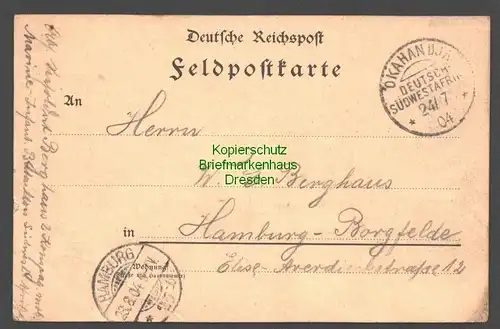 B7769 Deutsch Südwestafrika Feld-Postkarte Okahandja 1904 nach Hamburg