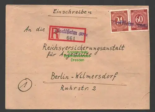 B7579 Alliierte Besetzung Einschreiben Brief Brettheim Württ. Notstempel 1946