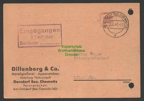B7494 SBZ Postkarte Gebühr bezahlt 1948 Gersdorf bei Chemnitz n. Löbau