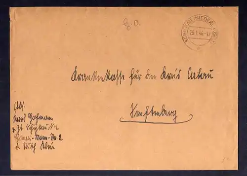 B722 SBZ Brief Gebühr bezahlt Schipkau Niederlausitz 1946 an Krankenkasse Senfte