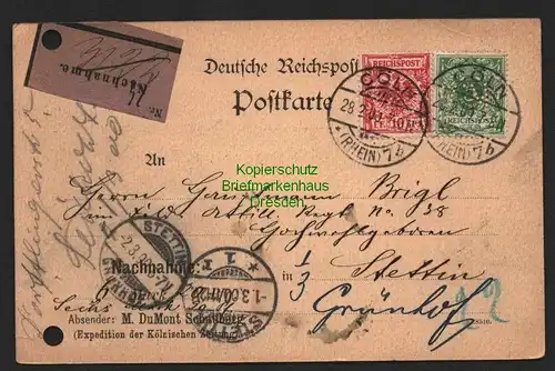 B7250 Postkarte DR 46, 47 je Perfin K. Z. Kölnsche Zeitung Cöln Nachnahme