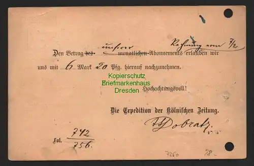 B7250 Postkarte DR 46, 47 je Perfin K. Z. Kölnsche Zeitung Cöln Nachnahme