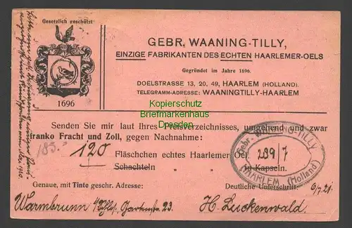 B7689 DR 1921 Warmbrunn Bestellung nach Haarlem Niederlande Wanning-Tilly