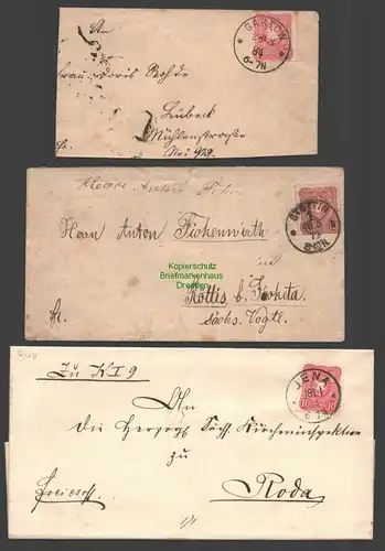 B7685 3x Deutsches Reich Brief  Jena 1884 Stettin 1879 Gartow 1884 nach Lübeck
