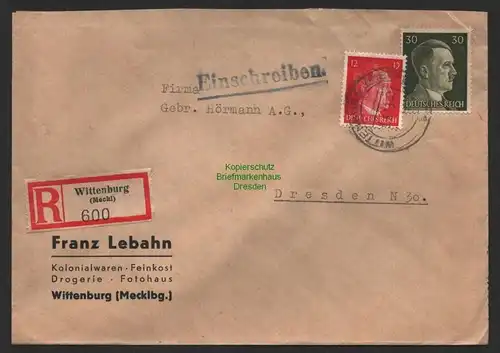 B9805 R-Brief Gebr. Hörmann A.-G. Wittenburg (Meckl) Franz Lehbahn 1943 Kolonial