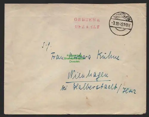 B9888 Brief SBZ Gebühr bezahlt 1945 Schkölen nach Nienhagen bei Halberstadt