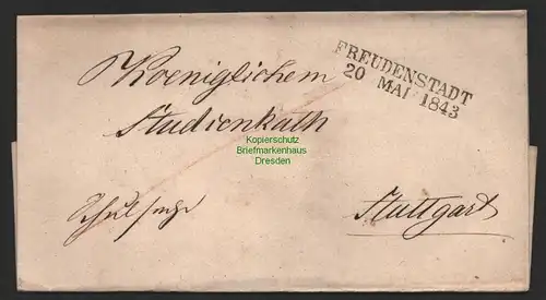B9941 Altdeutschland Vorphila Briefhülle Freudenstadt 1843 n Stuttgart o Inhalt