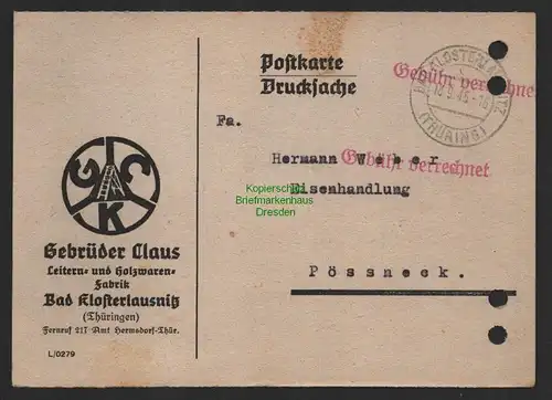 B9912 Brief SBZ Gebühr verrechnet bezahlt 1945 Bad Klosterlausnitz nach Pößneck