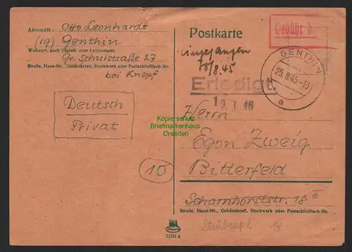 B9857 Postkarte SBZ Gebühr bezahlt 1945 Genthin nach Bitterfeld