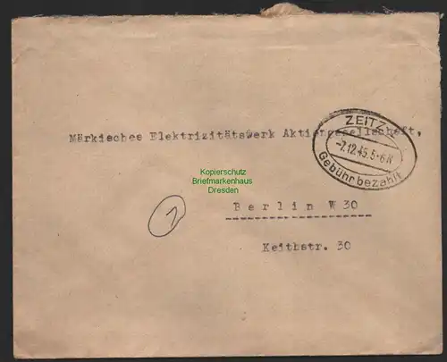 B9952 Brief SBZ Gebühr bezahlt 1945 Zeitz nach Berlin