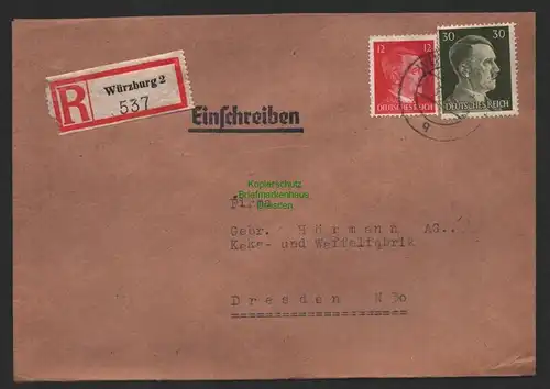 B9817 R-Brief Gebr. Hörmann A.-G. Würzburg 2 Bernhard Kupsch 1943 Weine Lebensm
