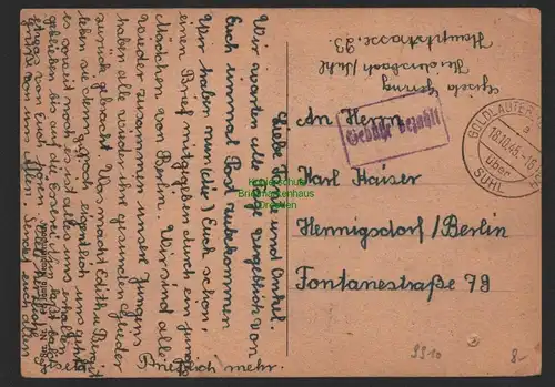 B9910 Postkarte SBZ Gebühr bezahlt 1945 Goldlauter-Heidersbach über Suhl