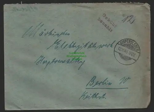 B9954 Brief SBZ Gebühr bezahlt 1945 Gispersleben nach Berlin