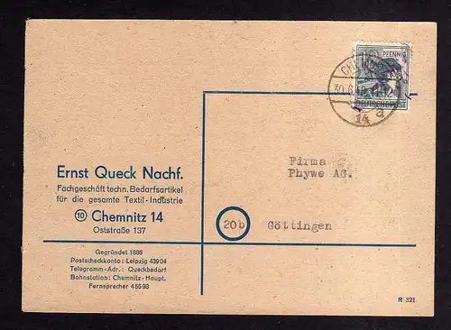 h1030 Postkarte Handstempel Bezirk 41 Chemnitz 26 violett 12 Pfg. 30.6.48 Bedarf