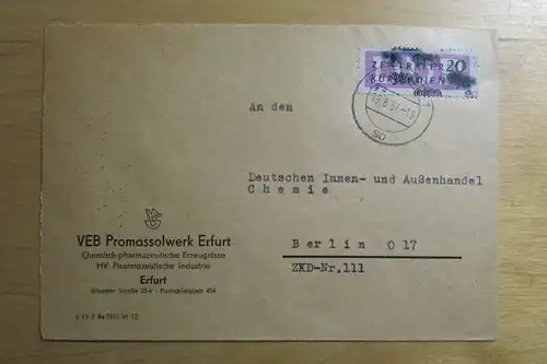 DDR Aufdruck Kontrollzahlen 9000 Erfurt ZKD 15 Brief VEB Poromassolwerk an Deuts