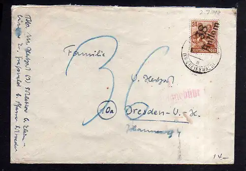 h1700 Handstempel Bezirk 38 Anklam 24 Pfg. Nachgebühr 2.7.48 gepr. Modry BPP