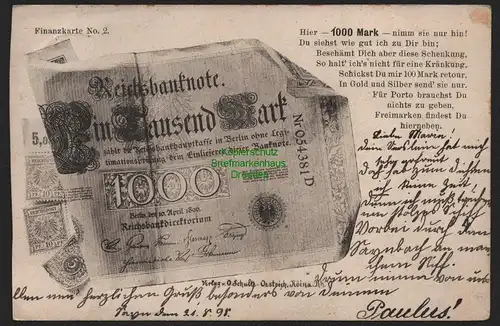 151325 AK 1000 Mark Schein 1899 Finanzkarte Nr. 2 Sayn nach Medebach