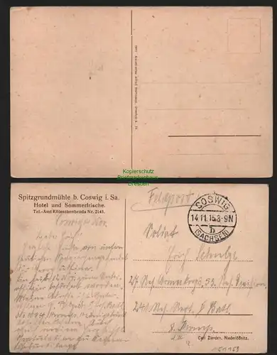 151159 2 AK Spitzgrundmühle bei Coswig Sachsen Restaurant um 1910 Hotel 1915