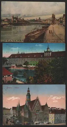 151389 3 AK Breslau Kaiserbrücke 1915 Universität 1914 Rathaus 1915