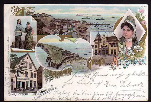 65122 AK Litho Helgoland Hotel Märkischer Hof 1897 gelaufen