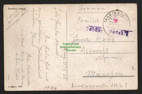 B10556 Postkarte BAZ Gebühr bezahlt 1945 Tann Niederbay. nach München