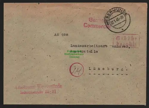 B10529 Brief BAZ Gebühr bezahlt 1946 Wesermünde Arbeitsamt nach Lüneburg