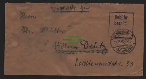 B10513 Brief BAZ Gebühr bezahlt 1946 Burgbrohl bei Koblenz nach Köln Deutz
