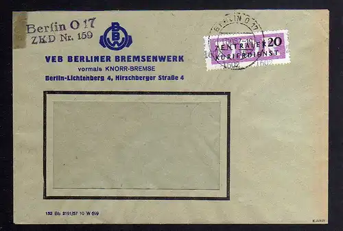 B1613 DDR Aufdruck Kontrollzahlen 1602 Berlin ZKD 15 Brief VEB Berliner Bremsenw