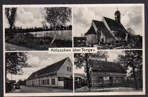 64449 AK Klitzschen 1944 Gasthof Colonial- u. Materialwarenhandlung Kirche Teich