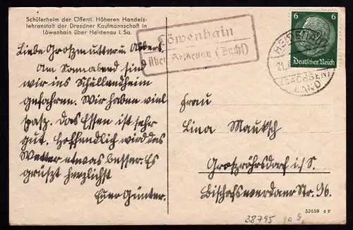 38795 AK Löwenhain über Heidenau 1937 Schülerheim Landpoststempel