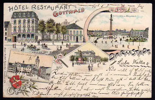 63366 AK Darmstadt 1897 Litho Hotel Restaurant Gottwald Luisenplatz Markt Kirche