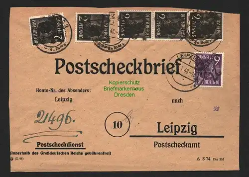 h5977 SBZ Handstempel Bezirk 27 Leipzig Postscheckbrief 9.7.48 an PSchA Leipzig