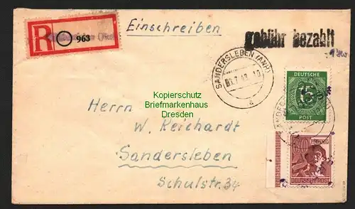h5930 SBZ Handstempel Bezirk 20 Sandersleben Ziffer 15 II + 60 Pfg. violett