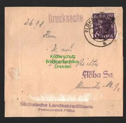 h6124 SBZ Handstempel Bezirk 41 Flöha 6 Pfg. 167 auf Vorderseite Drucksache