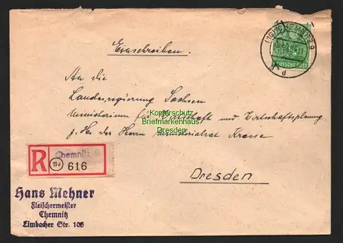 h5969 SBZ Handstempel Bezirk Chemnitz 84 Pfg. R-Brief Einschreiben Kressebrief