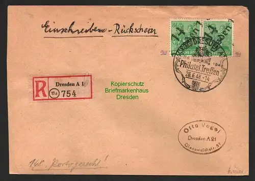 h6087 SBZ Handstempel Bezirk 14 Dresden Brief Einschreiben 2x 84 Pfg. waag. Paar