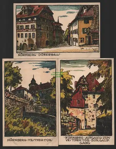 151591 3 AK Nürnberg Künstlerkarten Vestnertor Burgaufgang Dürerhaus um 1920