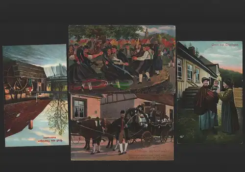 151505 4 AK Gruss aus Thüringen 1919 Frauen Tracht Volkstrachten Hochzeitswagen