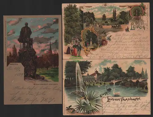 151459 3 Künstler AK R. Carloforti Leipzig Bismarckdenkmal Johannapark 1899