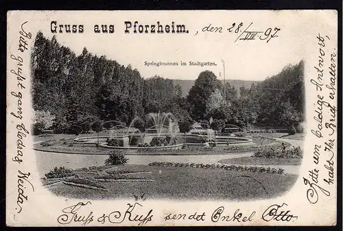 62931 AK Pforzheim 1897 Springbrunnen im Stadtgarten
