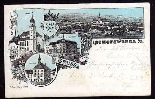 87702 AK Bischofswerda Litho 1896 Hotel König Albert Rathaus Kirche