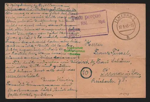 B11546 Postkarte Ilmenau Gebühr bezahlt 1945 Taxe percue nach Pirna