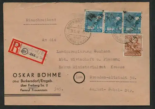 h5173 SBZ Handstempel Bezirk 14 R-Brief Kresse Burkersdorf ü Freiberg Poststelle