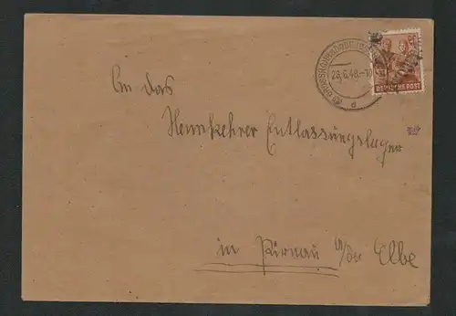 h5220 SBZ Handstempel Bezirk 14 Brief Großröhrsdorf 28.6. nach Pirna Heimkehrer