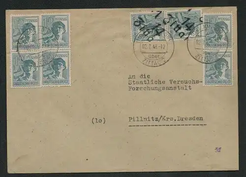 h5191 SBZ Handstempel Bezirk 14 Zweigpostamt Jonsdorf über Zittau nach Pillnitz