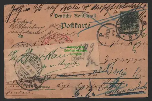 B14319 Ganzsache Deutsches Reich 1899 Hamburg Zwickau Berlin Nachsendung nicht