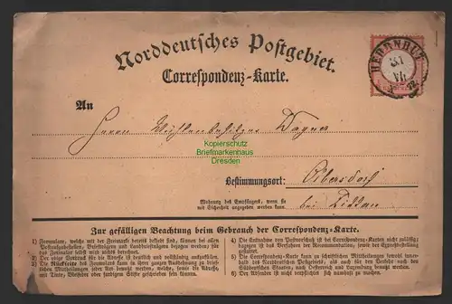 B14364 DR 3 Postkarte kleines Brustschild Herrnhut 1872 n. Olbersdorf bei Zittau