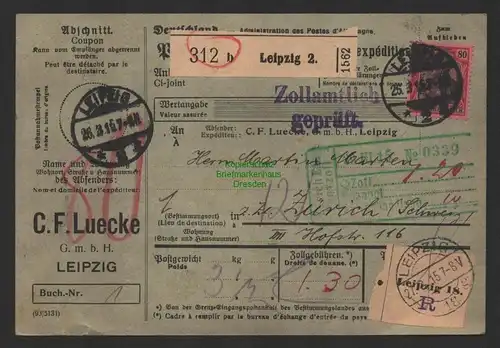 B14367 DR 93 I EF auf Paketkarte C.F. Lücke ( Schaubek ) nach Zürich 1915