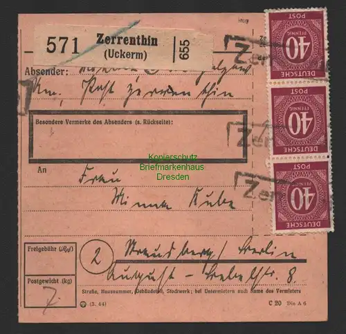 B14330 Deutschland Alliierte Besetzung Paketkarte Zerrenthin (Uckerm) Notstempel